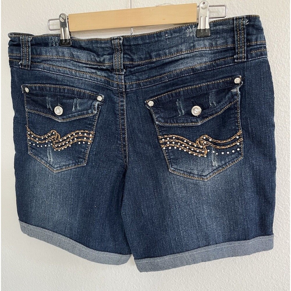 Out Jeans Denim Cuffed Shorts Womens Sz18 Dark Wash Blue Y2K Bling Embellished